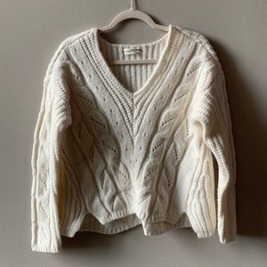 Anthropologie Ramona Cable-Knit white/cream V-Neck Hi-Low Pullover Sweater
